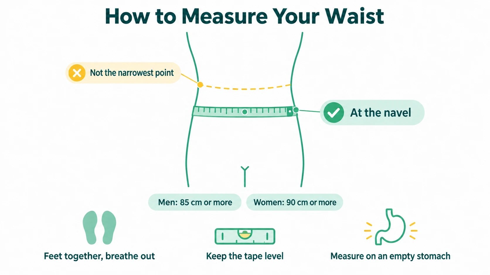 How to measure your waist for Alli: wrap the tape at the navel, not the narrowest point. Men: 85 cm or more. Women: 90 cm or more.