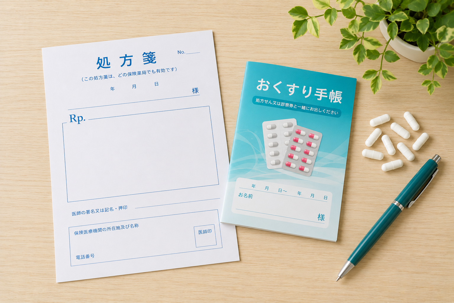 Japanese prescription form (処方箋) and medication booklet (おくすり手帳) — antibiotics require a prescription in Japan