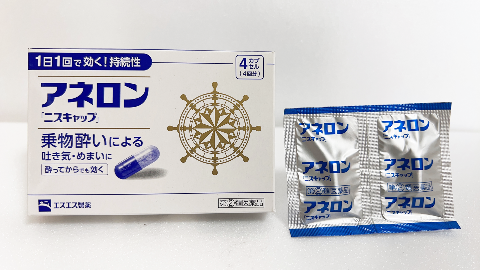Aneron Nyscaps box and individual capsule packets — once-daily motion sickness capsule