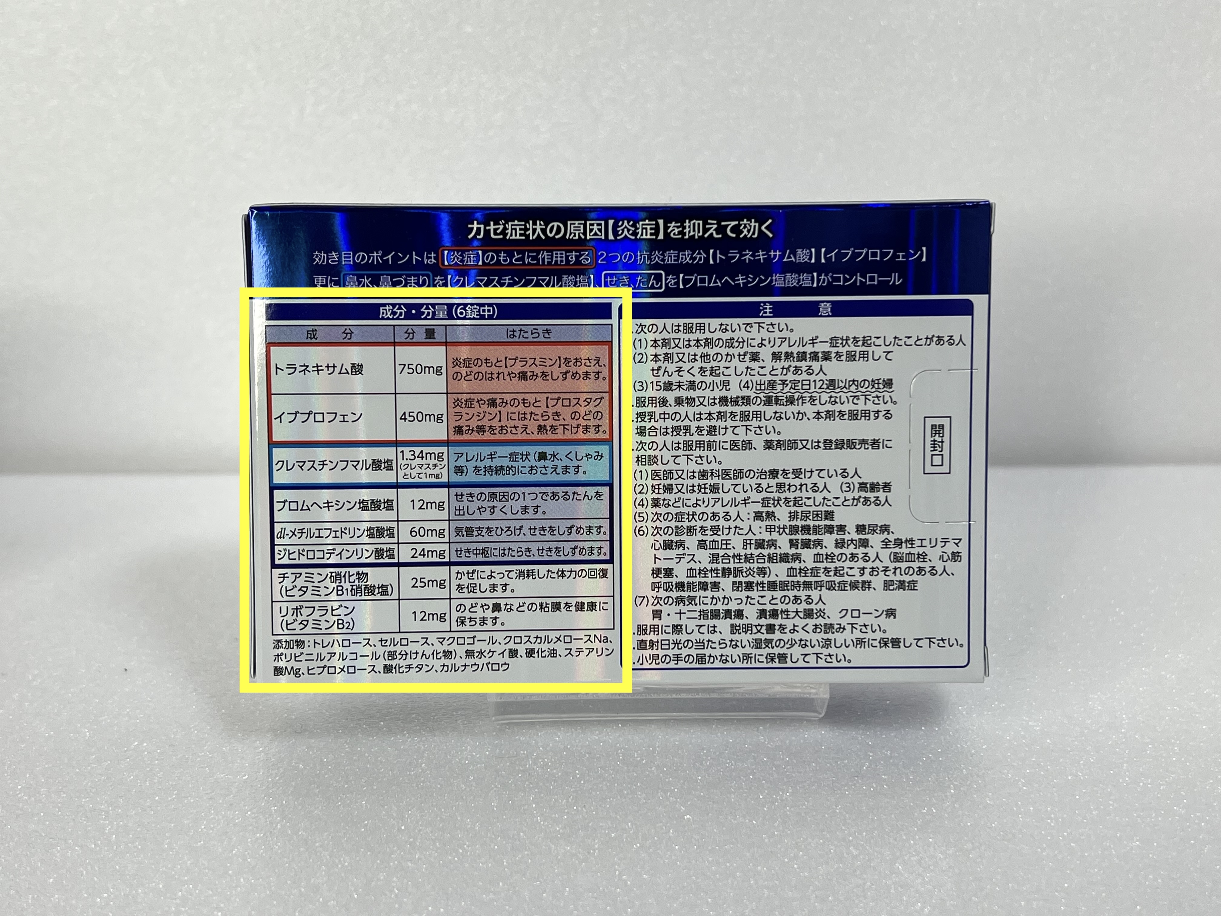 成分・分量 ingredients table on the back of a Japanese medicine box