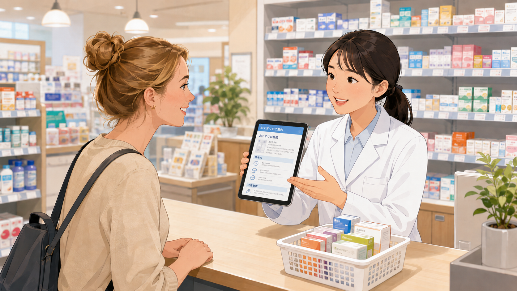 Pharmacist explaining medicine to a customer in Japan