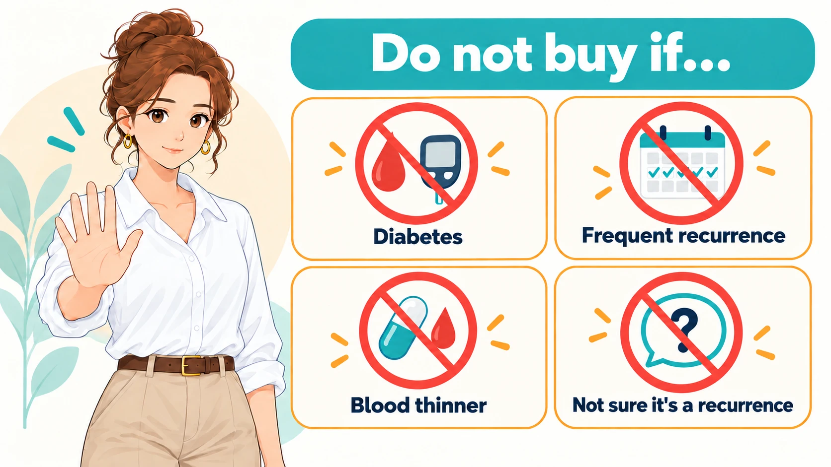 Do not buy if: diabetes, frequent recurrence, blood thinner, not sure it is a recurrence