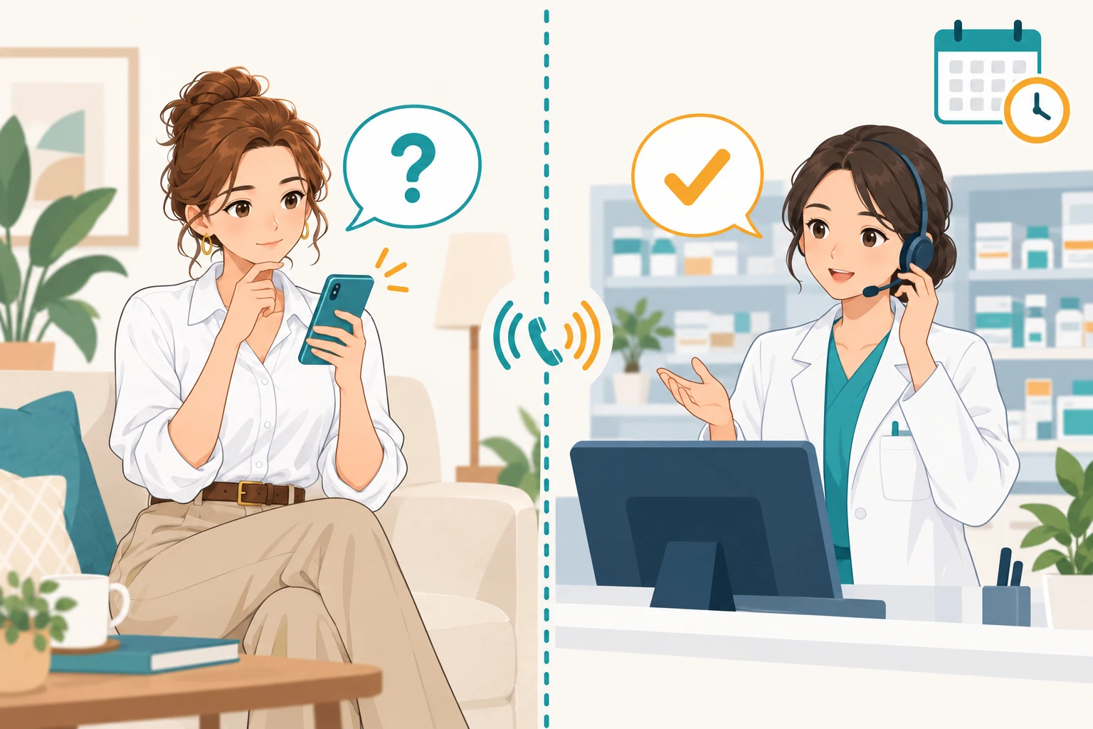Emma at home gets a call from a pharmacist who checks her answers